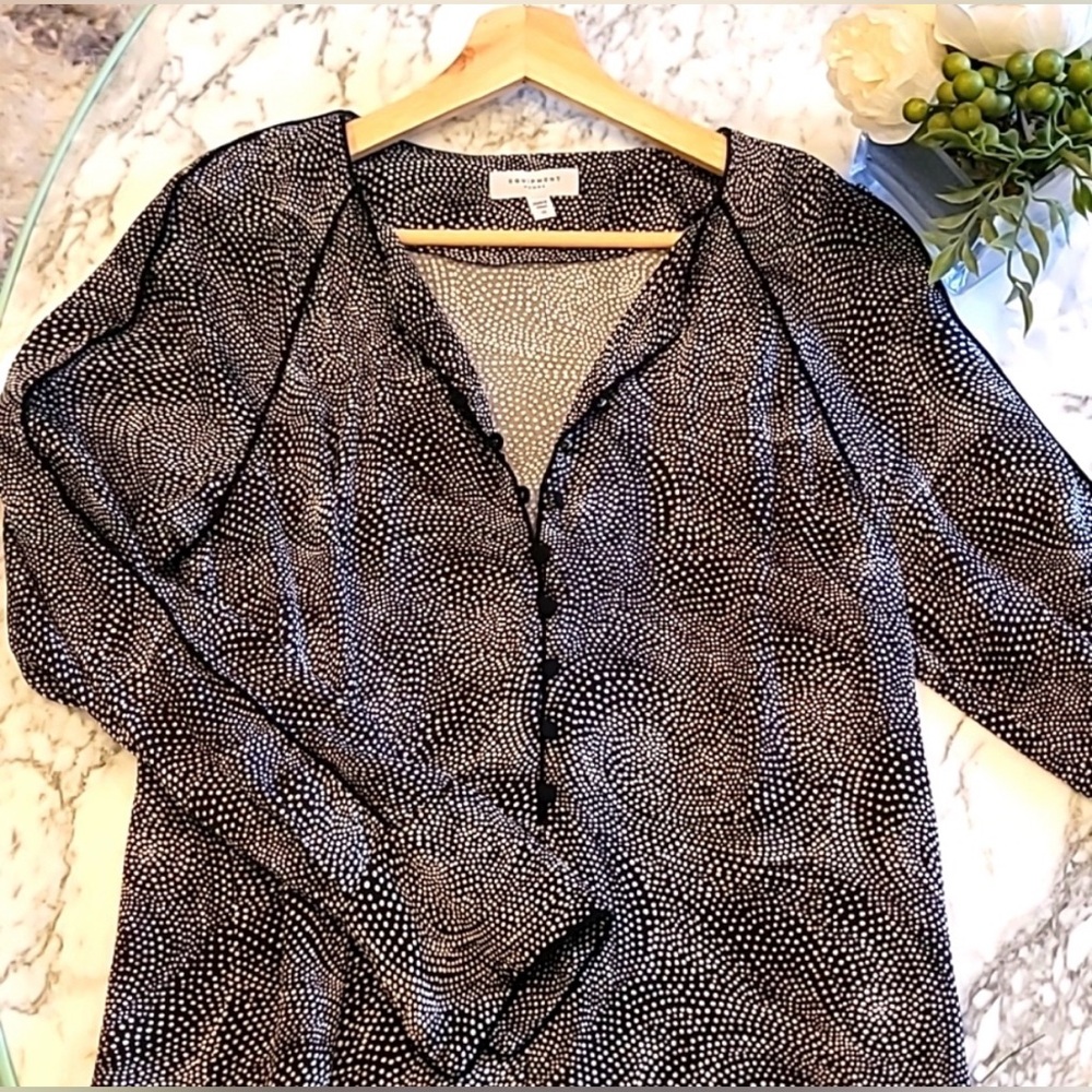Equipment luxury brand Black & White Dot Print V-Neck long sleeve dress.